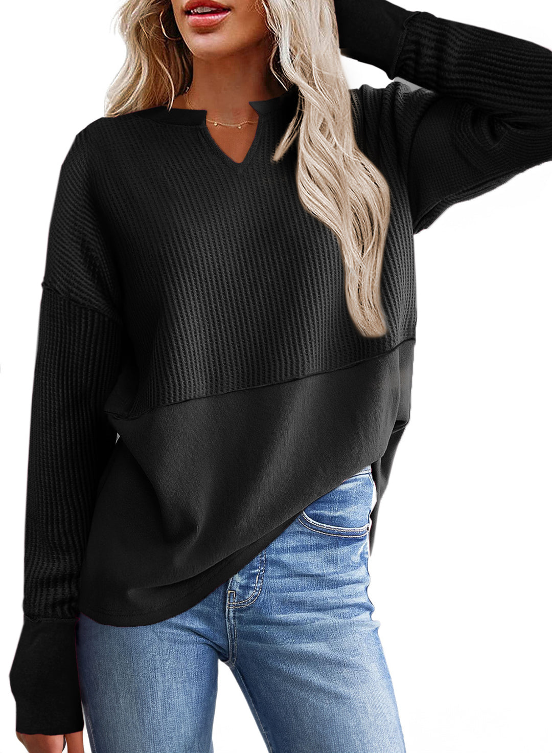 Women Oversized Sweater with Waffle Structure, V-Notch and Dropped Shoulder Mune Fashion