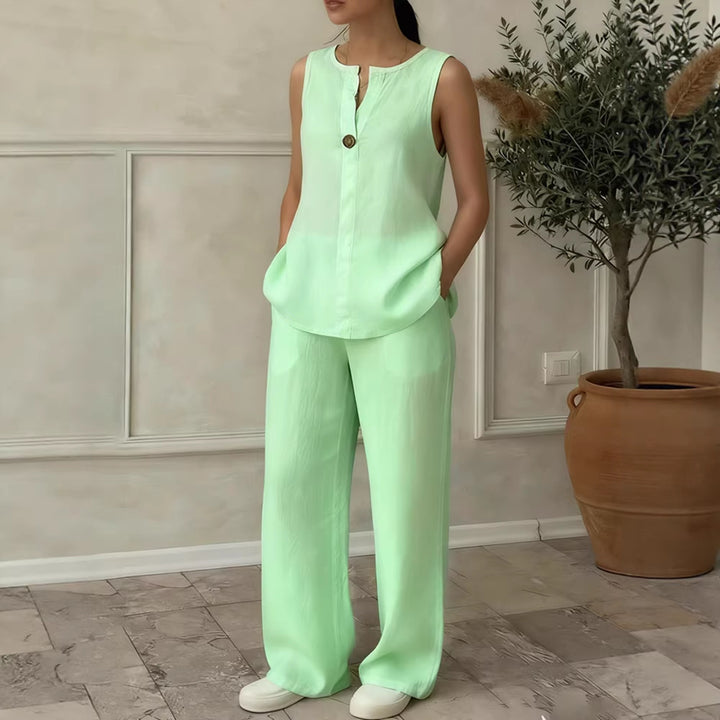 Women Linen Set with Elegant Button Detail Mune Fashion