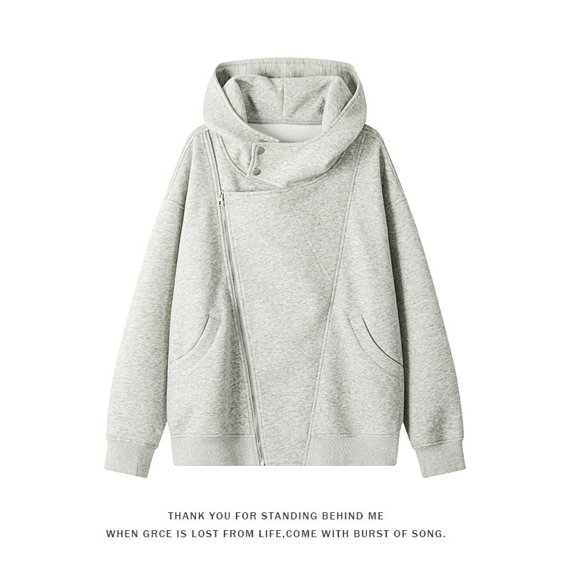 Women's asymmetrical hoodie with high collar, diagonal zipper and kangaroo pockets Mune Fashion