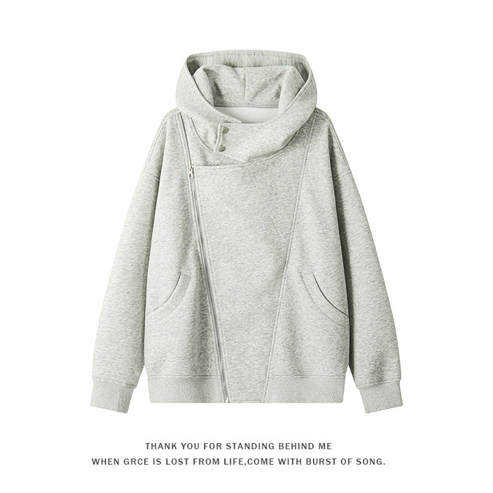 Women's asymmetrical hoodie with high collar, diagonal zipper and kangaroo pockets Mune Fashion