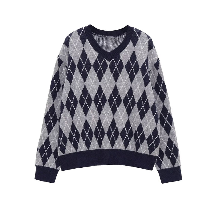 Women's Argyle V-Neck Knitted Sweater with Diamond Pattern Mune Fashion