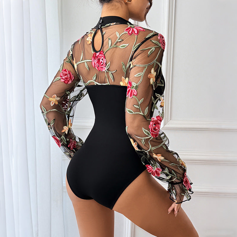 Women Transparent Mesh Bodysuit with Floral Embroidery, Heart Bustier Insert and Stand-Up Collar Mune Fashion