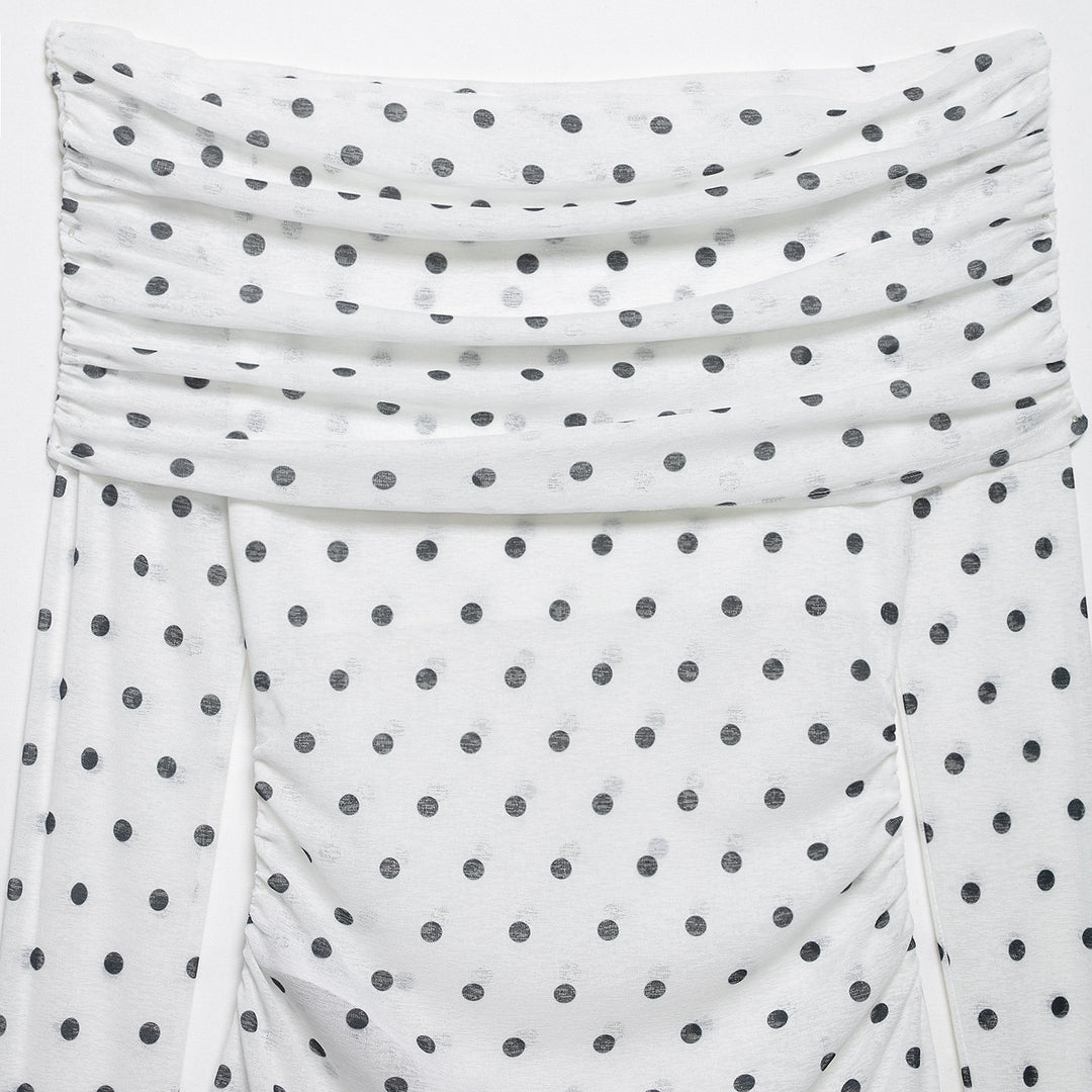 Women's Off-Shoulder Long Sleeve Top with Draped Overlap Collar and Polka Dot Pattern Mune Fashion