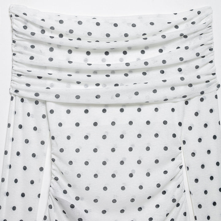 Women's Off-Shoulder Long Sleeve Top with Draped Overlap Collar and Polka Dot Pattern Mune Fashion