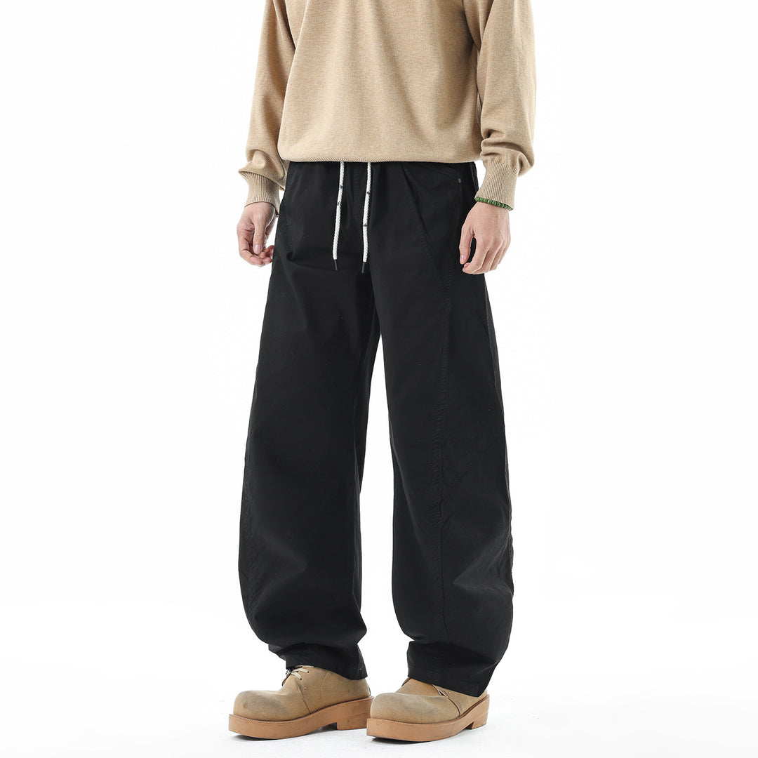 Men's Loose Fit Casual Pants with Elastic Drawstring Waistband, Diagonal Pocket Design, and Knee Panels Drune