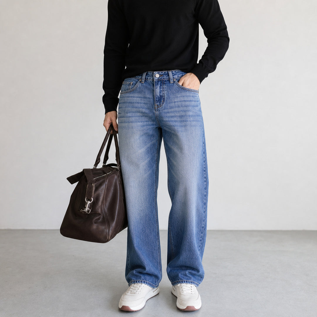 Women's Wide High-Waist Denim Pants with Wide Leg and Vintage Wash Mune Fashion