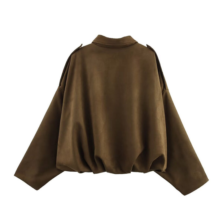 Women short cut oversized suede jacket with shoulder flaps and elastic hem Mune Fashion