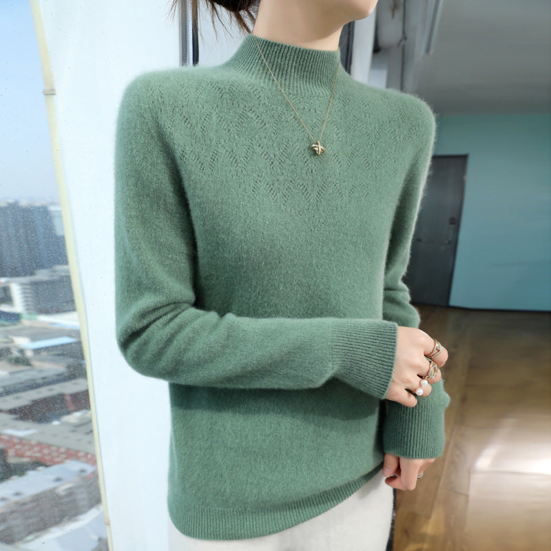 Women Slim Minimalist Stand Collar Fine Knit Sweater with Ribbed Neck Mune Fashion
