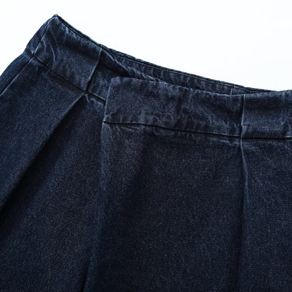 Ladies Wide High-Waist Pleated Denim Trousers with Crease Mune Fashion