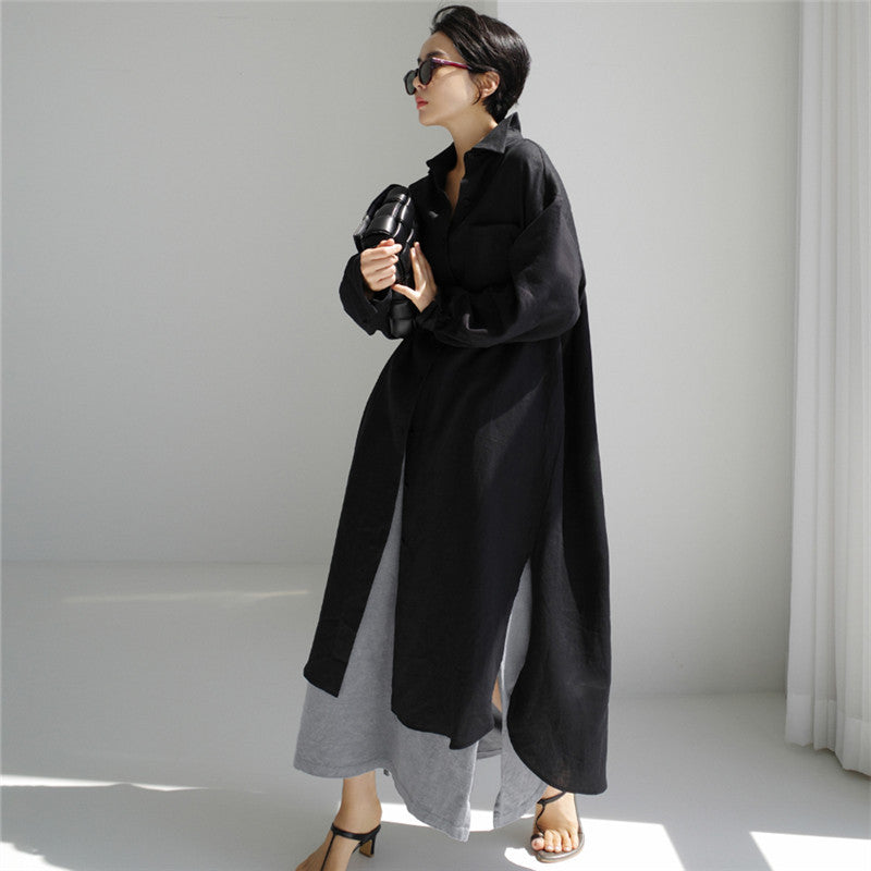 Ladies Long Light Shirt Blouse Midaxi Dress with Kent Collar and High Side Slits Mune Fashion