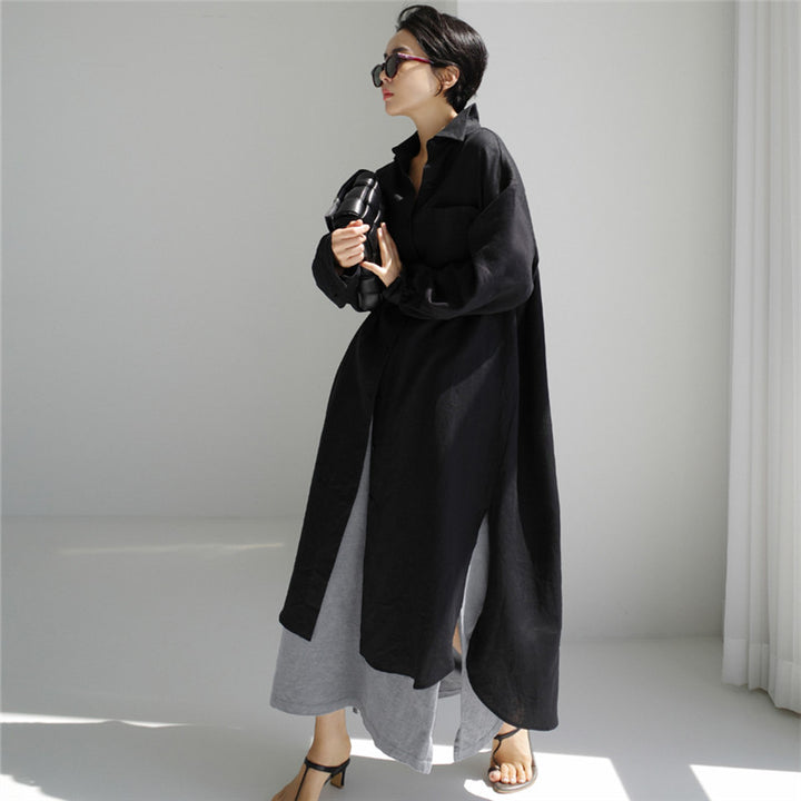 Ladies Long Light Shirt Blouse Midaxi Dress with Kent Collar and High Side Slits Mune Fashion