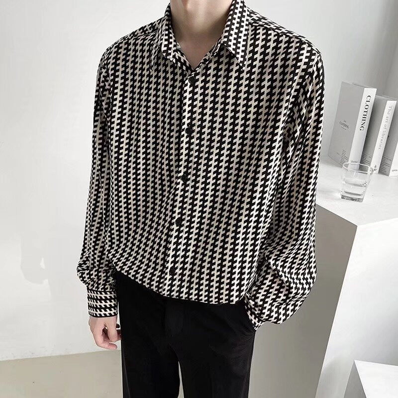 Men's Patterned Oversized Shirt with Houndstooth Motif and Classic Shirt Collar Mune Fashion
