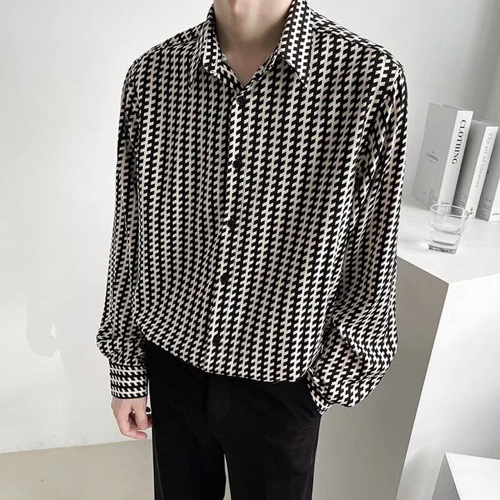 Men's Patterned Oversized Shirt with Houndstooth Motif and Classic Shirt Collar Mune Fashion