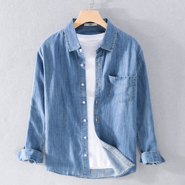 Men's Washed-Denim Overshirt in Relaxed Fit with Chest Pocket and Contrasting Stitching Mune Fashion