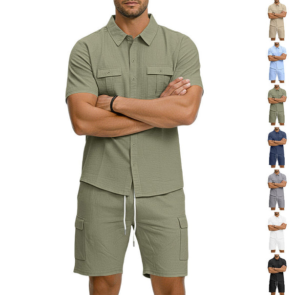 Men's summer short-sleeve shirt and cargo bermuda set made of linen blend with chest pockets and drawstring waistband Mune Fashion