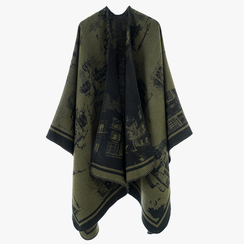 Women's Jacquard Cape Poncho with iconic city Jacquard and open oversized fall Mune Fashion