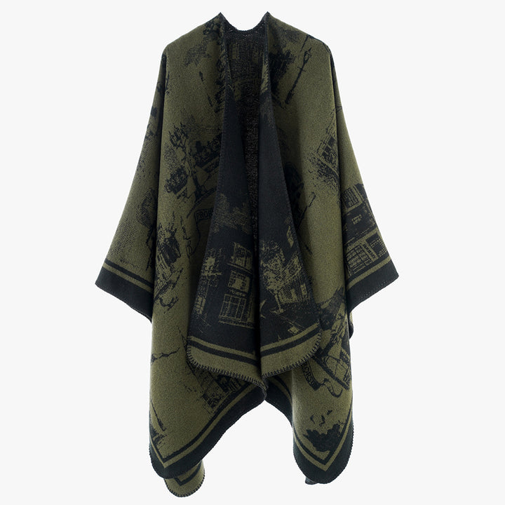 Women's Jacquard Cape Poncho with iconic city Jacquard and open oversized fall Mune Fashion