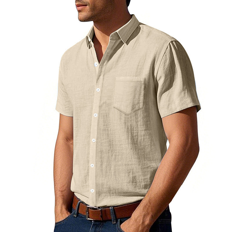 Men's short-sleeved textured shirt made of breathable slub linen with a spread collar, chest pocket, and straight hem Mune Fashion