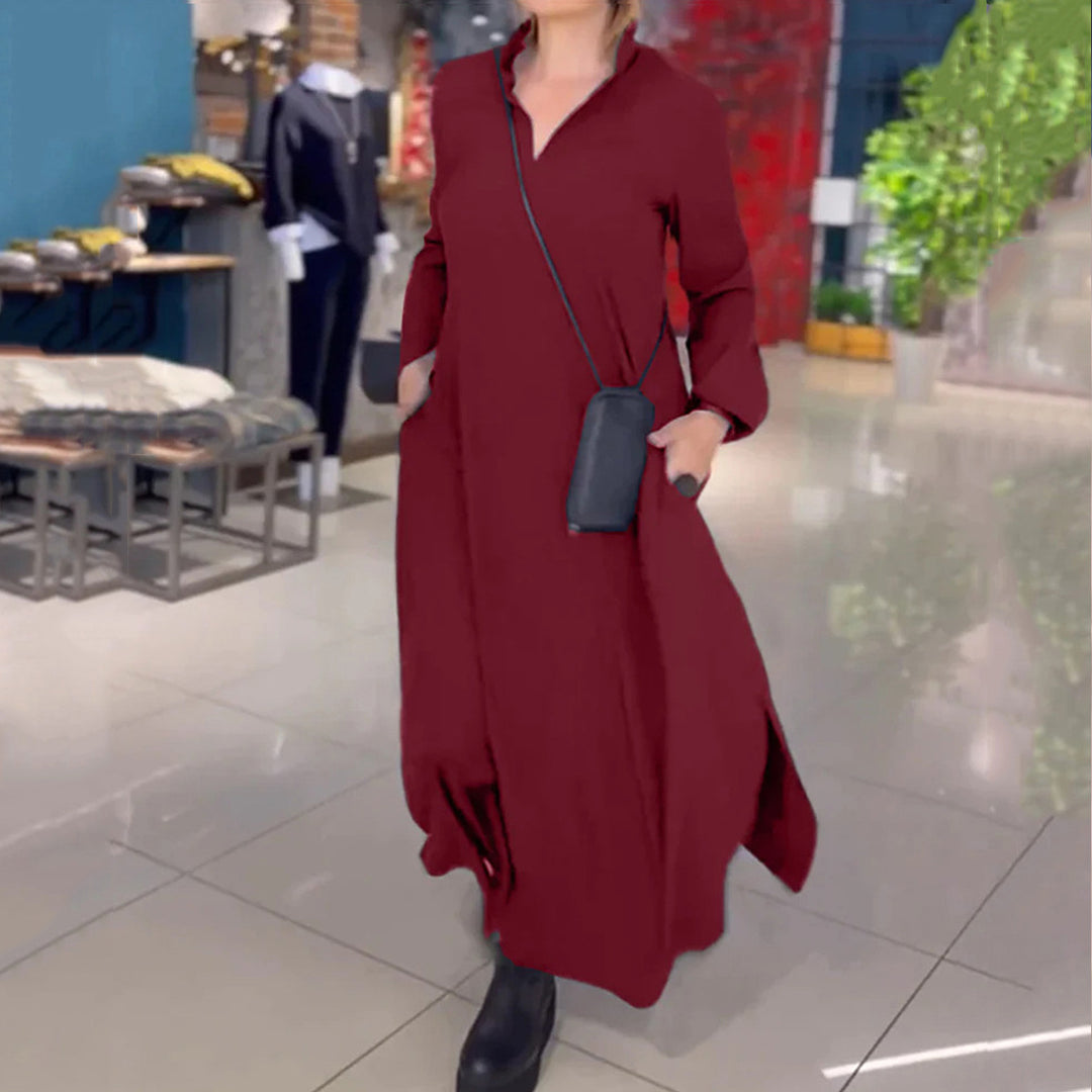Women's flowing maxi dress with V-neck, boxy A-line, and long sleeves Mune Fashion