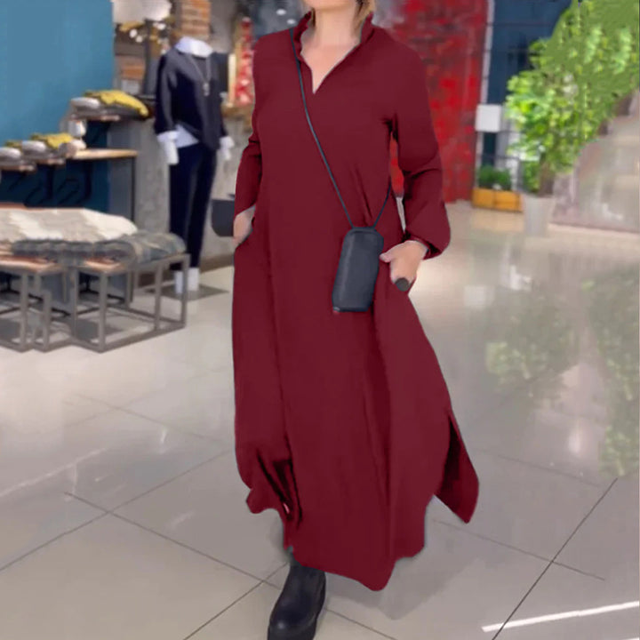Women's flowing maxi dress with V-neck, boxy A-line, and long sleeves Mune Fashion
