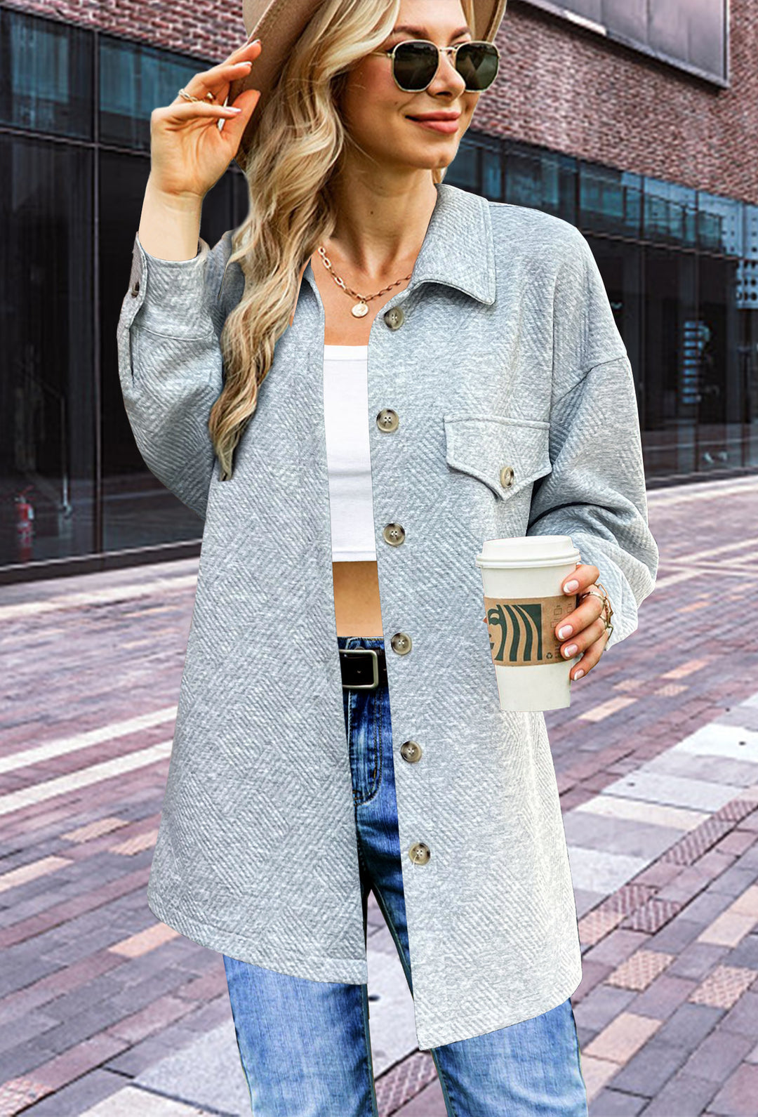 Women's Longline Oversized Shirt Jacket with Flap Pockets and Textured Fabric Mune Fashion