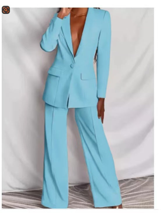 Women's tailored pantsuit with deep lapel, single-button closure, and palazzo pants Mune Fashion