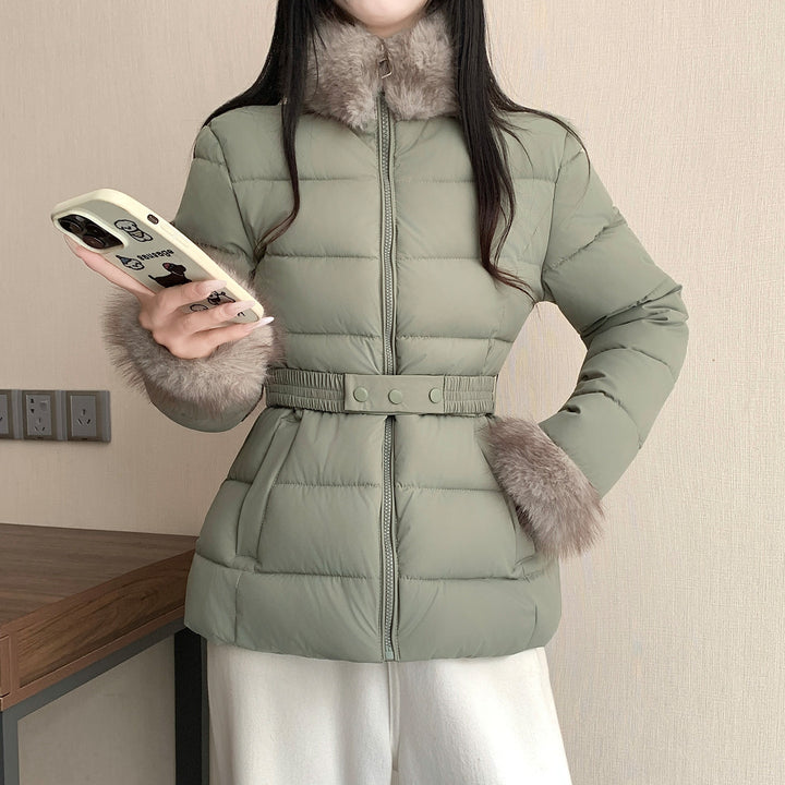 Women nan tailored thermal short jacket with elastic waist belt, faux fur collar and faux fur cuffs Mune Fashion