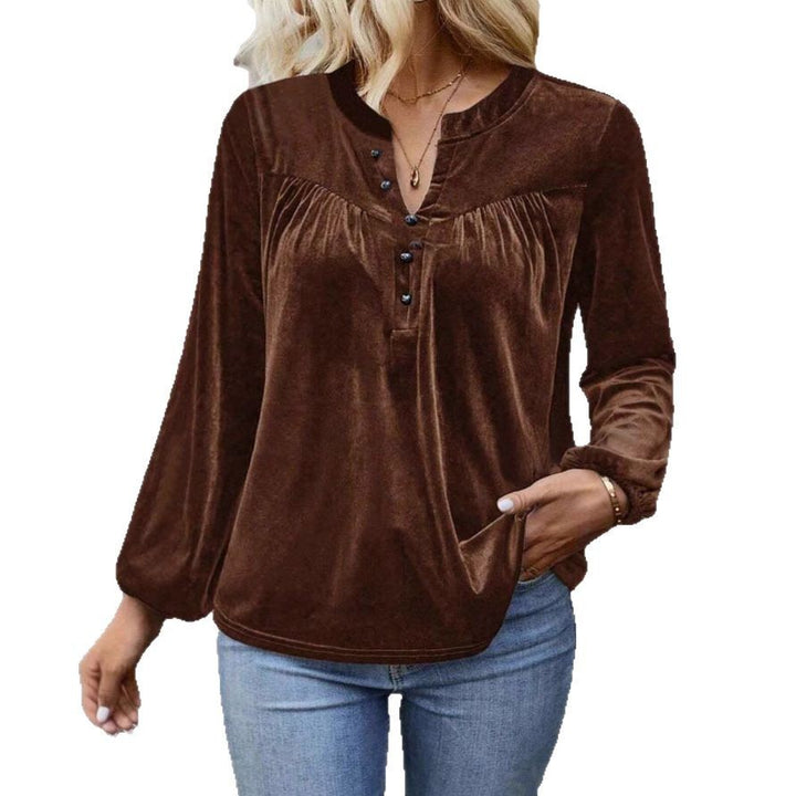 Women's velour sweatshirt with Henley button placket, gathered chest yoke, and relaxed silhouette Mune Fashion