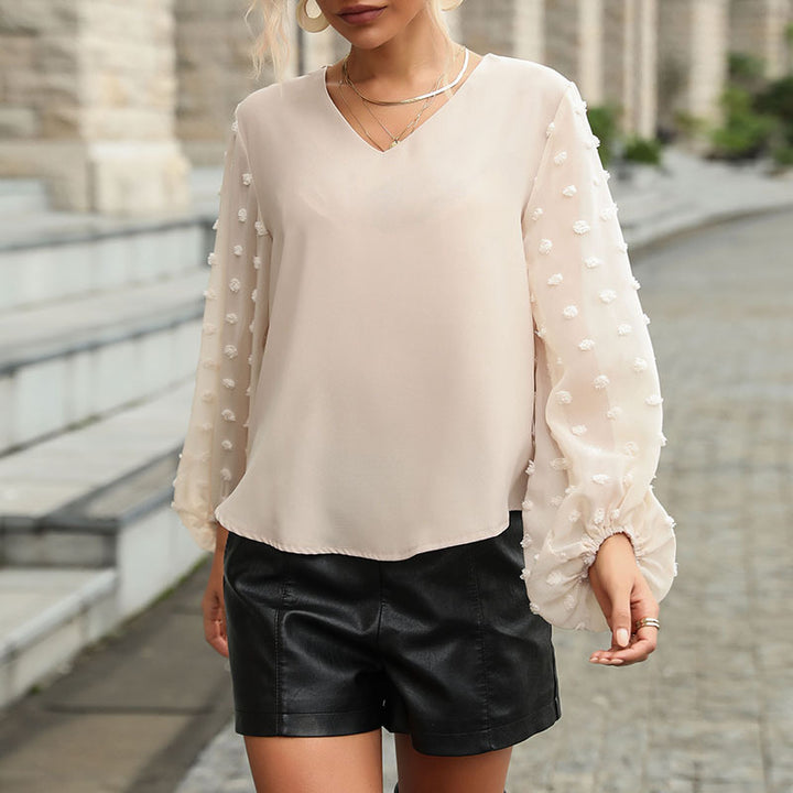Women's chiffon blouse with sheer puff sleeves and 3D pompom details Mune Fashion