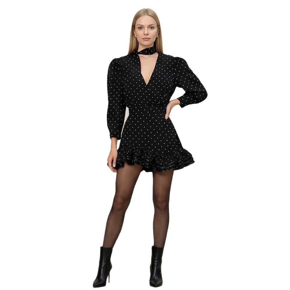 Women's Wrap Mini Dress with Choker Collar, Deep V-Neck, Puff Sleeves, and Ruffle Skirt Mune Fashion