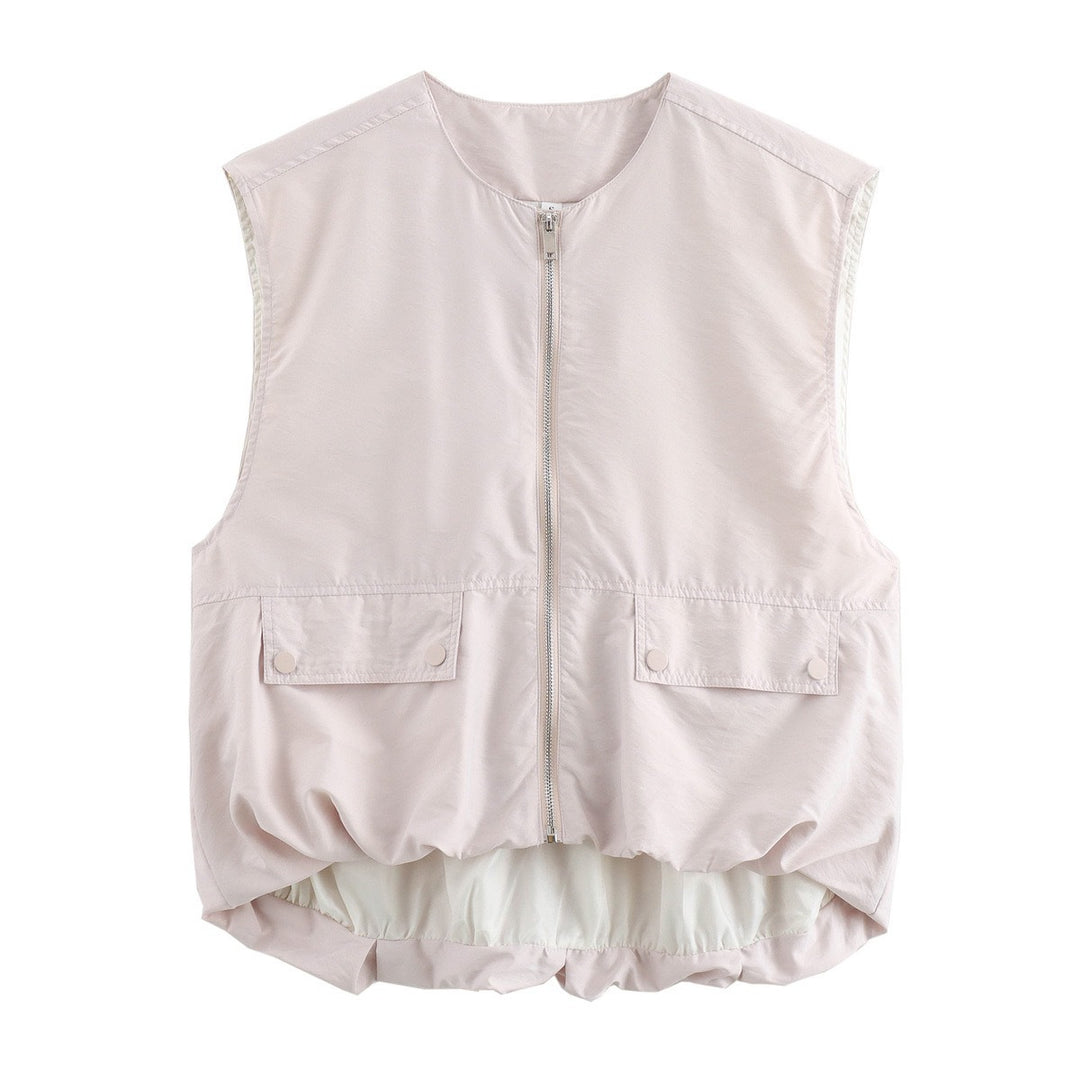 Women's lightweight utility vest with full zip, patch pockets, and elastic balloon hem Mune Fashion