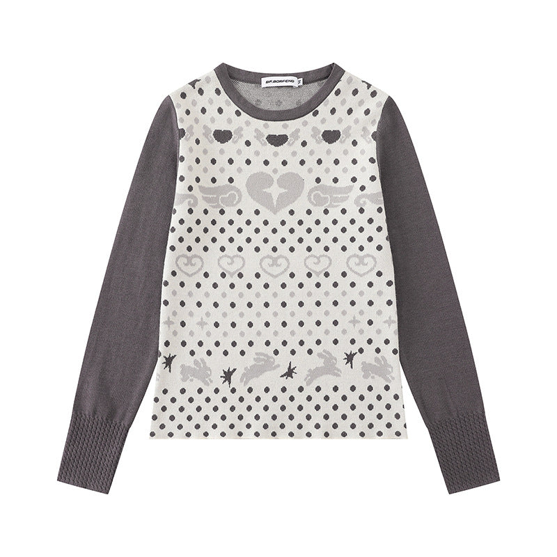Ladies fine knit pullover with jacquard motif, round neckline and contrast sleeves Mune Fashion