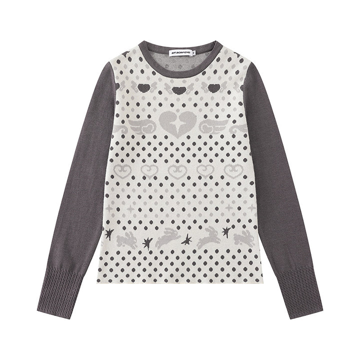 Ladies fine knit pullover with jacquard motif, round neckline and contrast sleeves Mune Fashion
