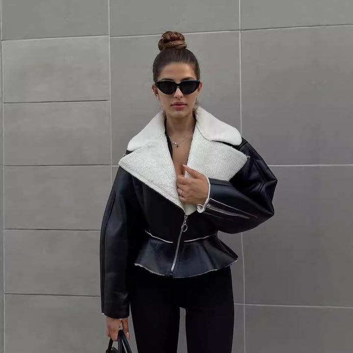 Women's Short Lambskin Imitation Biker Jacket with Oversized Collar and Asymmetrical Zipper Mune Fashion