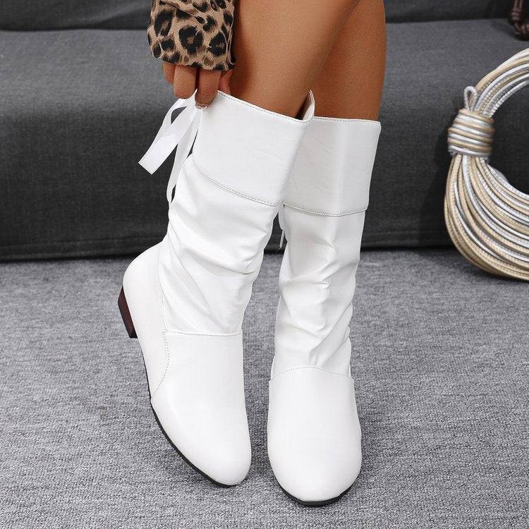 Women’s knee-high boots with gathering, rear lacing and low block heel Mune Fashion