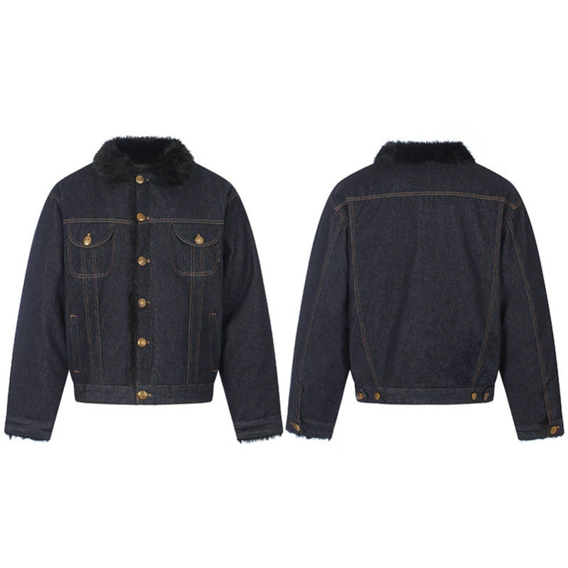 Women's padded denim jacket with faux fur collar, teddy lining and gold button details Mune Fashion
