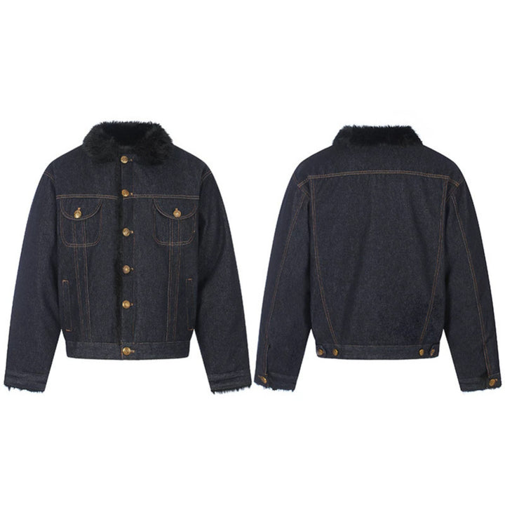 Women's padded denim jacket with faux fur collar, teddy lining and gold button details Mune Fashion