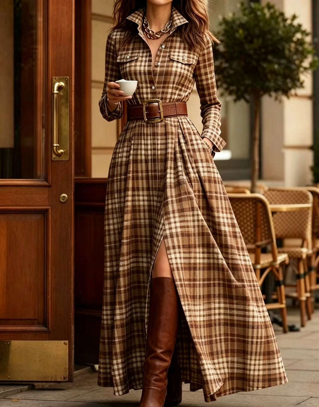 Women checked maxi dress shirt dress with flared skirt and wide waistband Mune Fashion