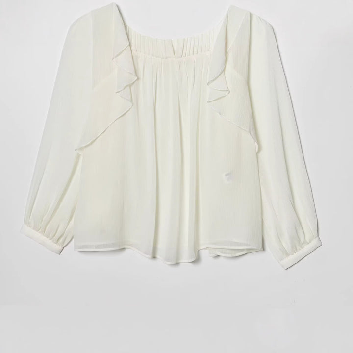 Women’s chiffon blouse with ruffle detail and pleated bust area Mune Fashion