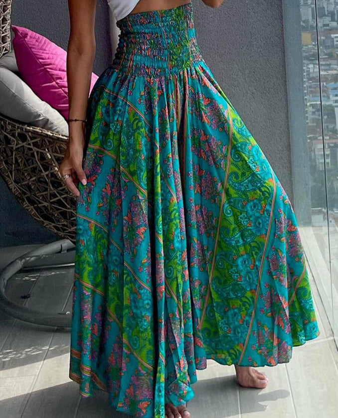Women’s Maxi Skirt with High Smock Waist and Wide Boho Print Mune Fashion