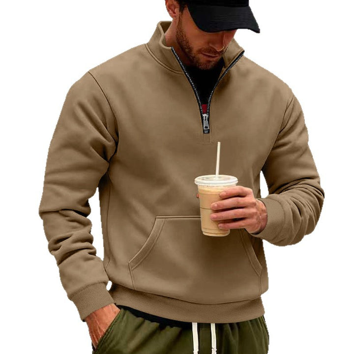 Men's half-zip sweatshirt with kangaroo pocket, elastic ribbed cuffs, and high stand-up collar Mune Fashion