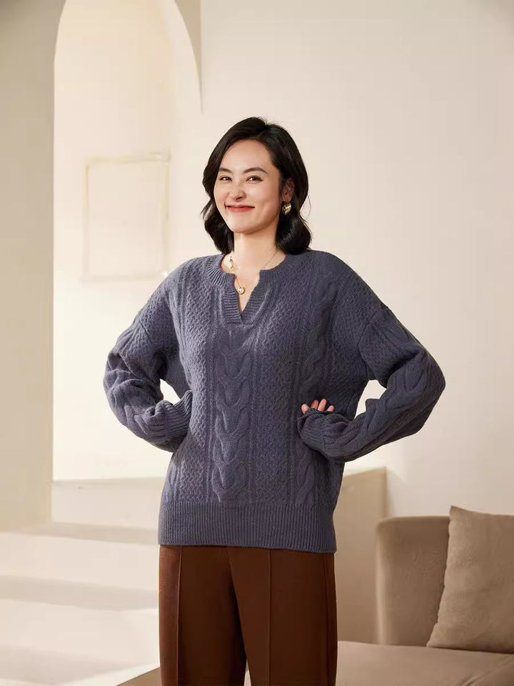 Women's Oversize Cable Knit Sweater with V-Inset and Cashmere-like Softness Mune Fashion