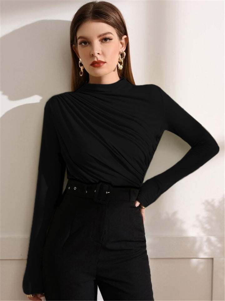 Women's Figure-Hugging Long Sleeve Shirt with Side Draping and Stand-Up Collar Mune Fashion