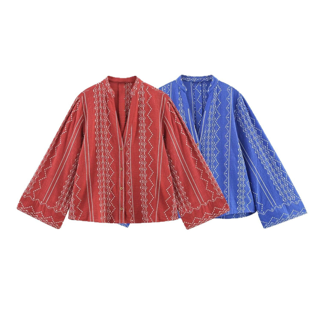 Women embroidered blouse jacket with V-neckline and loose A-line silhouette Mune Fashion