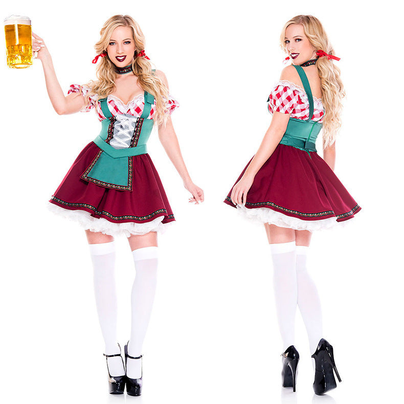Ladies Oktoberfest costume in traditional style with laced bodice front, puff sleeves and flared apron skirt Mune Fashion