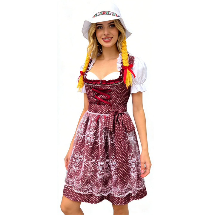 Women's traditional Dirndl dress with heart-shaped neckline, laced waist, and lace apron Mune Fashion