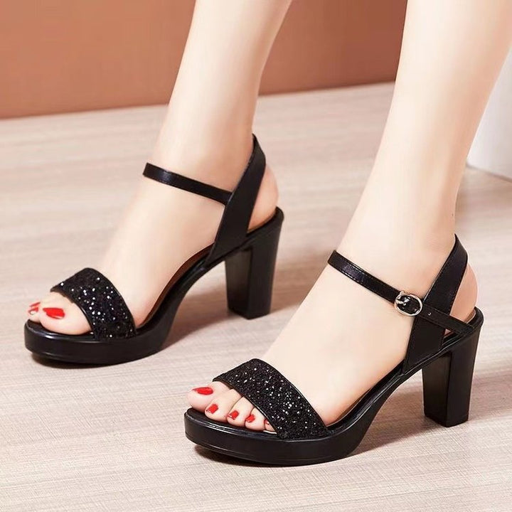 Women's Glitter T-Strap Sandals with Platform Effect and Stable Block Heel Mune Fashion