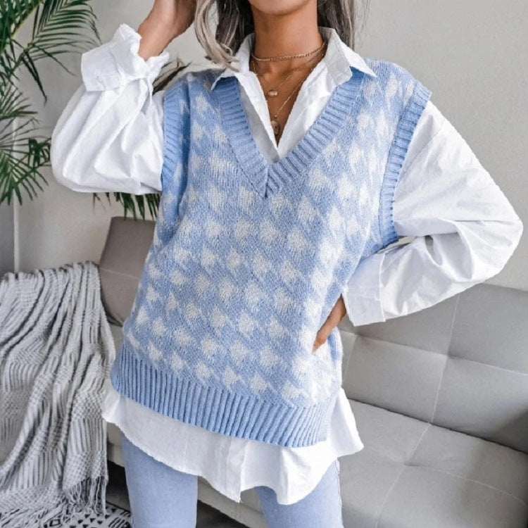 Women Oversized Knit Vest with Houndstooth Pattern and V-Neck Mune Fashion