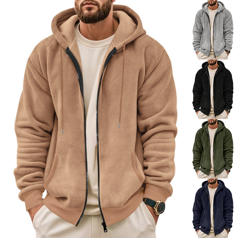 Men's waffle structure hooded jacket with full zip, concealed side pockets, and ribbed hem Mune Fashion