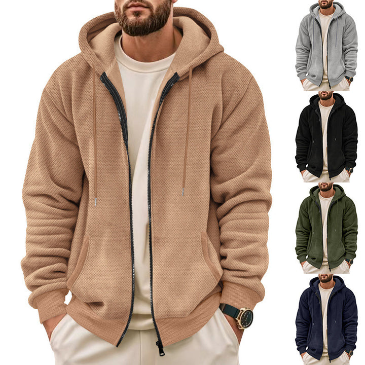 Men's waffle structure hooded jacket with full zip, concealed side pockets, and ribbed hem Mune Fashion